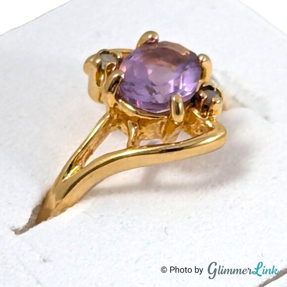Vintage Lind Ring - 14K HGE Amethyst & Diamond Accent Gold Electroplate Size 6.5 - Picture 1 of 10